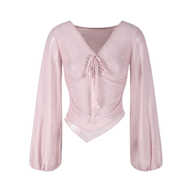 Long Sleeve V-Neck Plain Blouse with Lace Mini Pencil Skirt