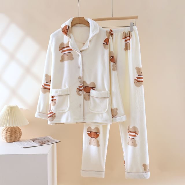 Couple Matching Pajama Set: Long Sleeve Collared Bear Patterned Button Coral Fleece Top + Elastic Waist Straight Leg Pants (Various Designs)