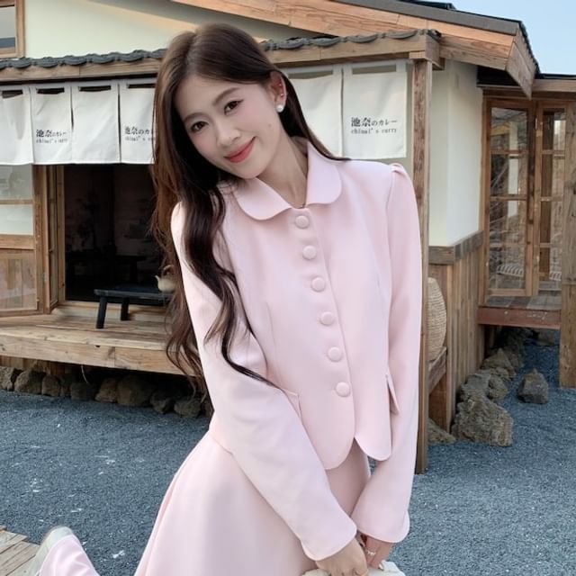 Collar Plain Button Jacket / High Waist Maxi A-Line Skirt