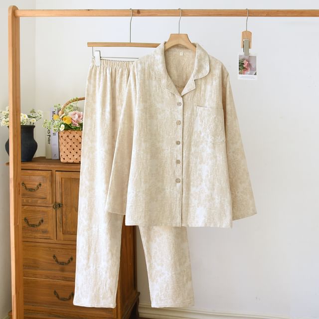 Couple Matching Pajama Set: Long Sleeve Collared Jacquard Shirt + Elastic Waist Straight Leg Pants (Various Designs)