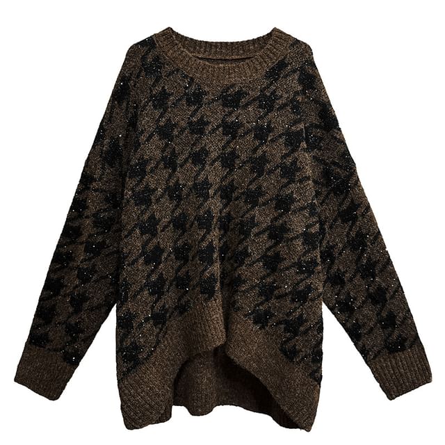 Crew Neck Houndstooth Oversized Sweater / High Rise Knit Mini Pencil Skirt