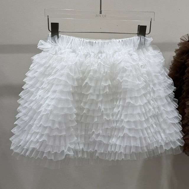Tiered Mesh Mini A-Line Skirt, High Rise