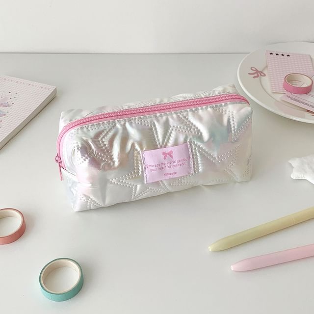 Bow Applique Star Quilted Fabric Makeup Bag