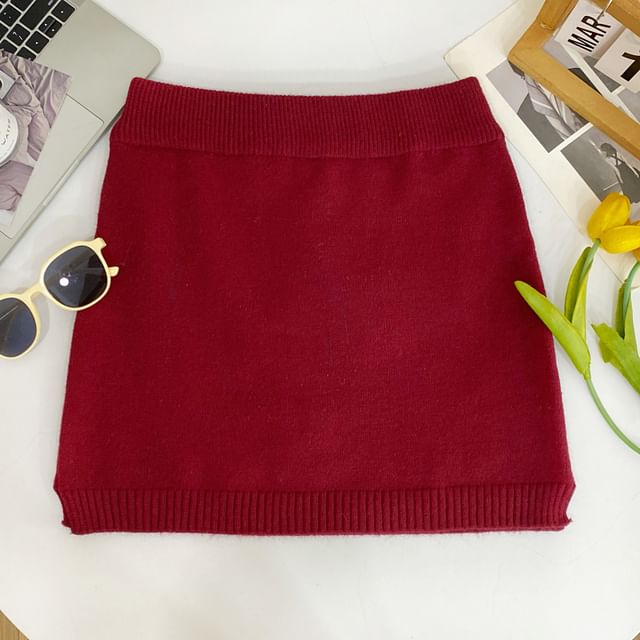 High Waist Plain Mini Knit Skirt