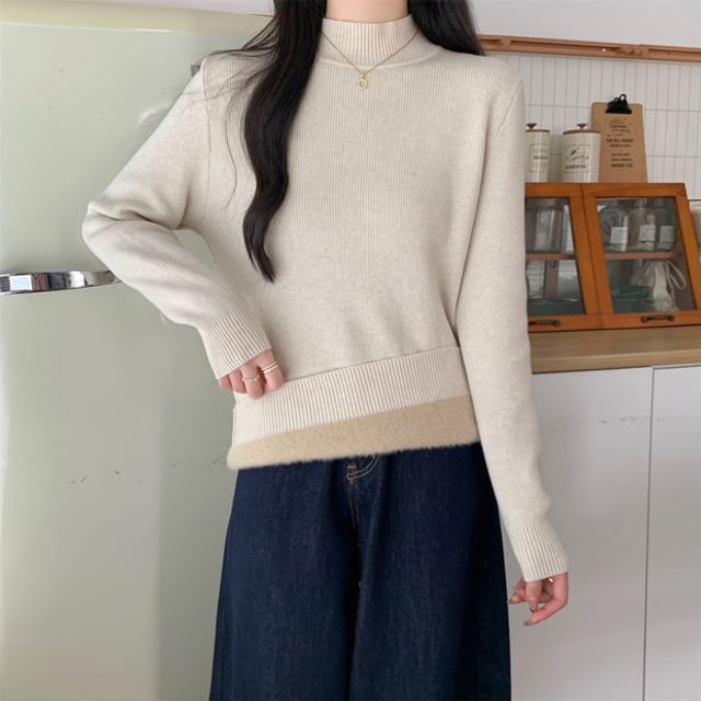 Fleece-Lined Mock Neck Long Sleeve Knit Top