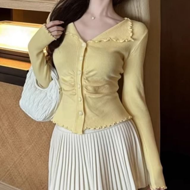 Ribbed Knit Long Sleeve Button Collar Top