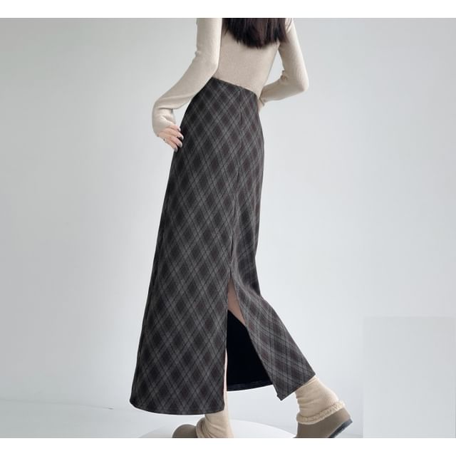 Plaid Slit Midi Straight Skirt, High Waist