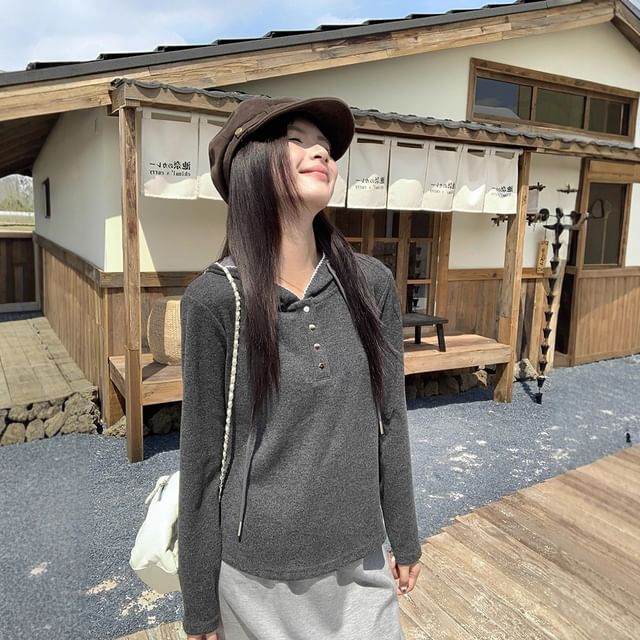 Henley Style Solid Hoodie
