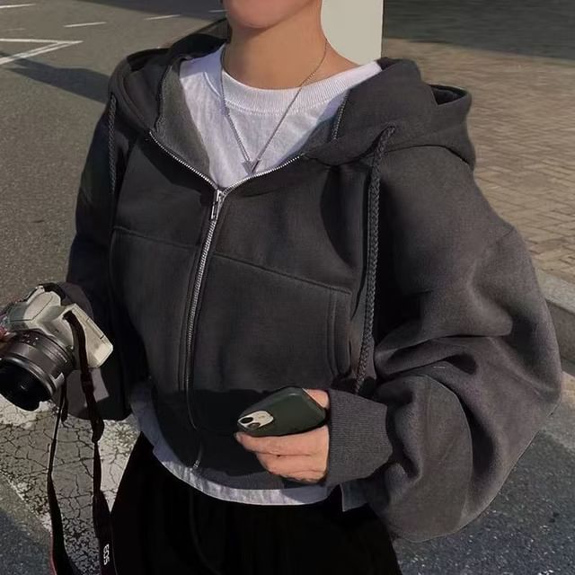 Zip-Up Crop Hoodie Solid Design