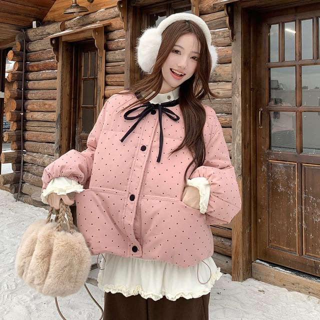 Frill Trim Tee and Puffer Jacket Set