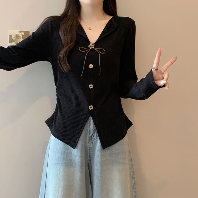 Ribbed Knit V-Neck Button Top