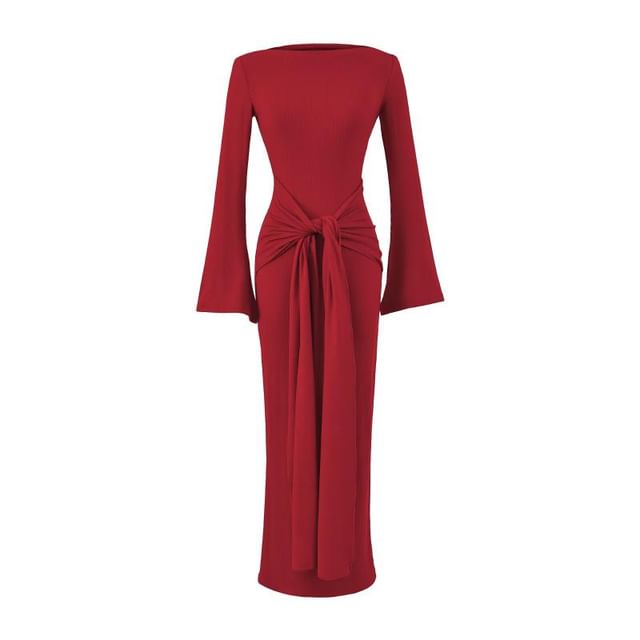 Long-Sleeve Off Shoulder Plain Maxi Sheath Dress