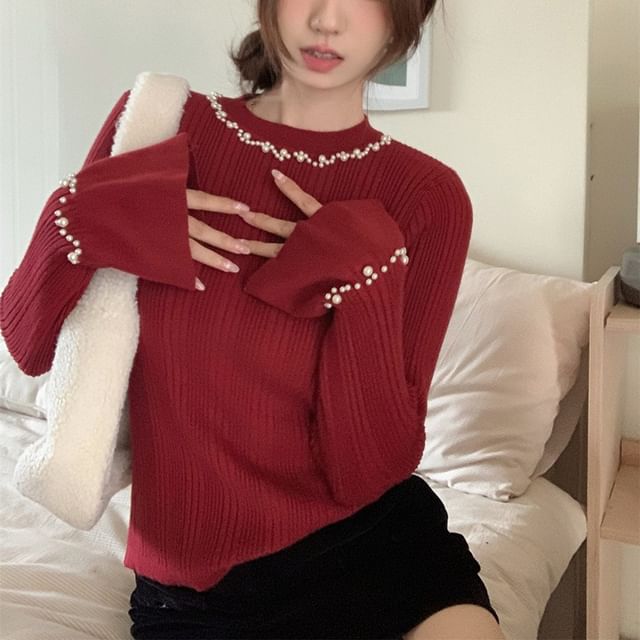 Faux Pearl Ribbed Crew Neck Knit Top