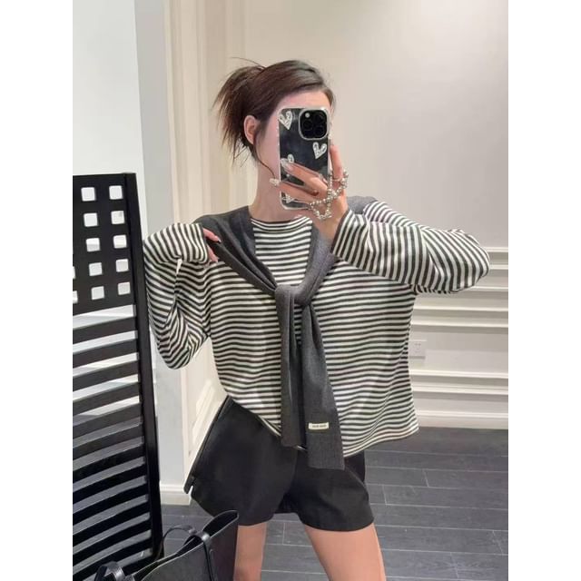 Striped Two-Piece Knit Top with Round Neck
