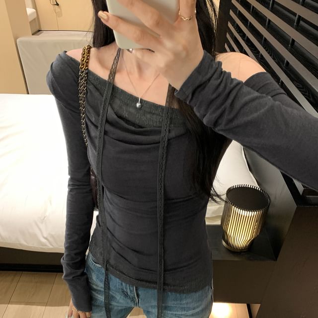 One Shoulder Panel Lace Top Long Sleeve
