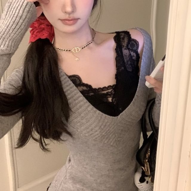 V-Neck Knit Top with Lace Trim - Long Sleeve Option