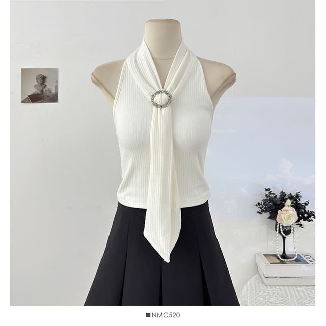 Open Back Ribbed Crop Top with Halter Neck
