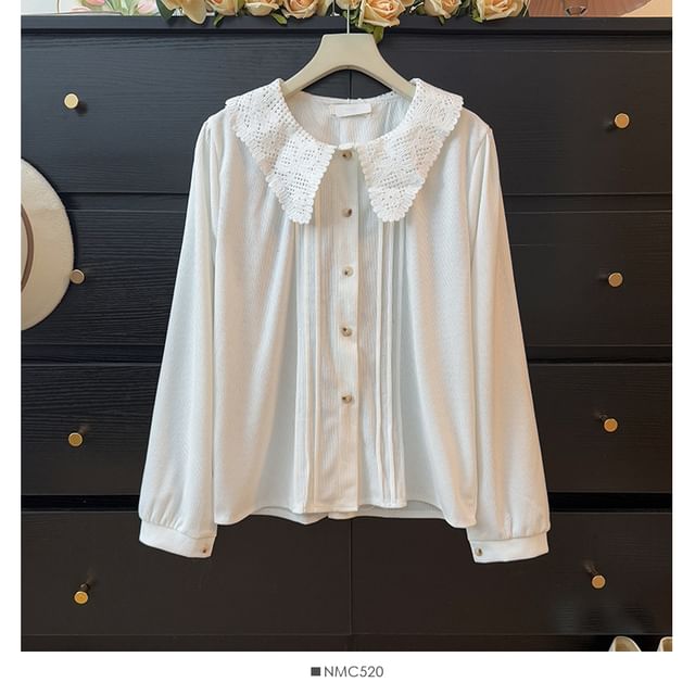 Corduroy Blouse with Lace Collar and Pintuck Details