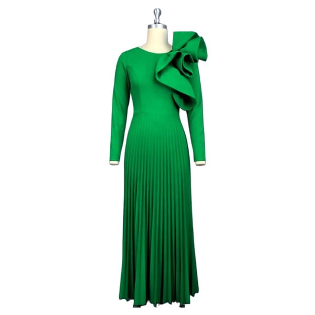 Long-Sleeve Crew Neck Plain Ruffle Panel Pleated Maxi A-Line Dress