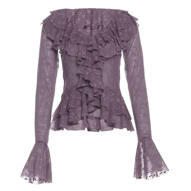 Bell Sleeve V-Neck Ruffle Lace Blouse