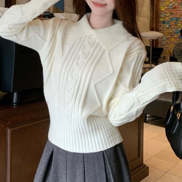 Cable Knit Collared Polo Sweater with Pleated Skirt