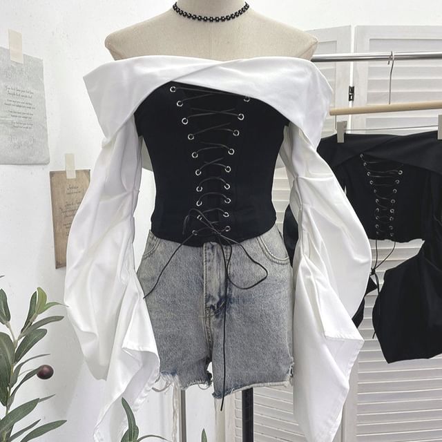 Ruched Lace-Up Off-Shoulder Crop Top