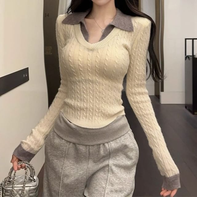 Collared Knit Top Two-Piece Style