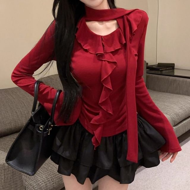 Ruffled Crop Top with Long Sleeves