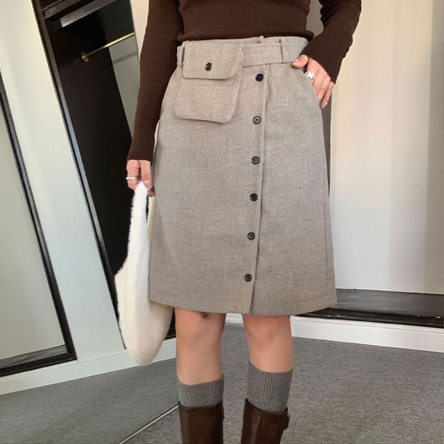 Button-Up High Waist A-Line Skirt