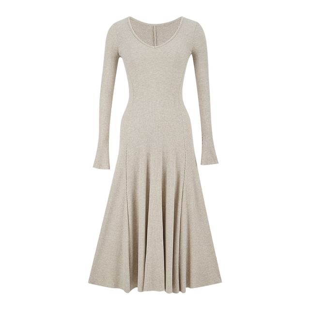 Long-Sleeve Crew Neck Plain Maxi A-Line Dress / Button-Up Cape