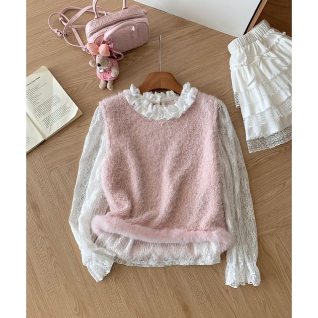 Round Neck Lace Top and Fluffy Sweater Vest Set