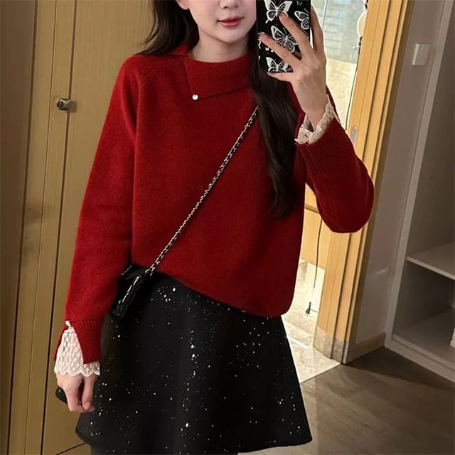 Collar Sweater with Lace Trim
