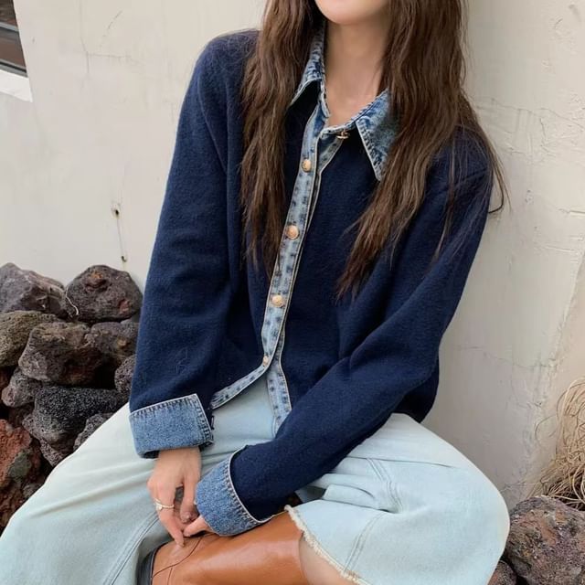 Collared Denim Trim Button Up Cardigan