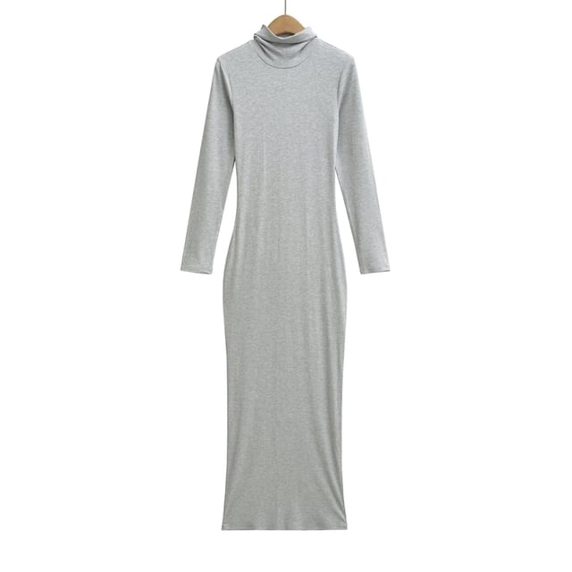 Long-Sleeve Turtleneck Plain Maxi Bodycon Dress