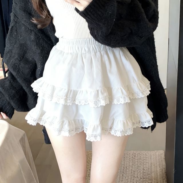 Lace Trim Mini Tiered Skirt Low Rise