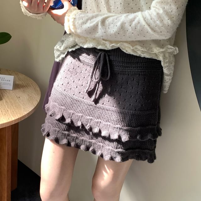 Ruffle Pointelle Knit Mini Pencil Skirt High Rise