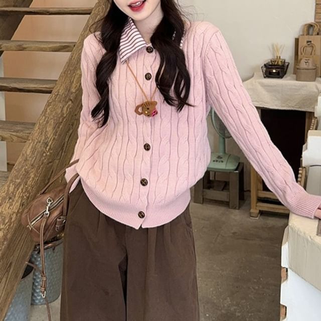 Collared Plain Cable Knit Cardigan