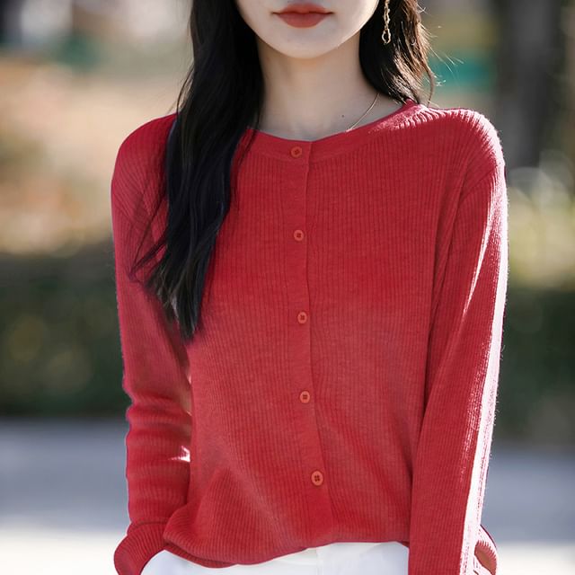 Round Neck Plain Ribbed Knit Cardigan