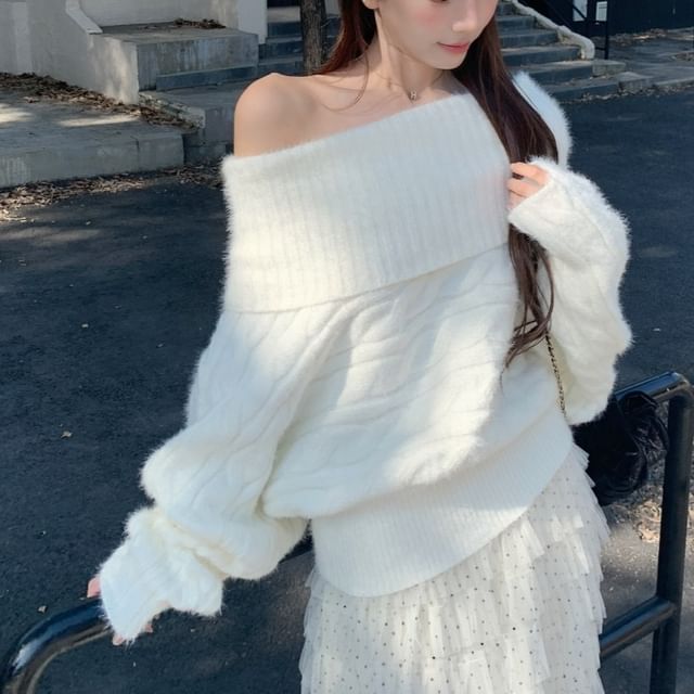 Off Shoulder Cable Knit Sweater with Tiered Mesh Maxi Skirt Set