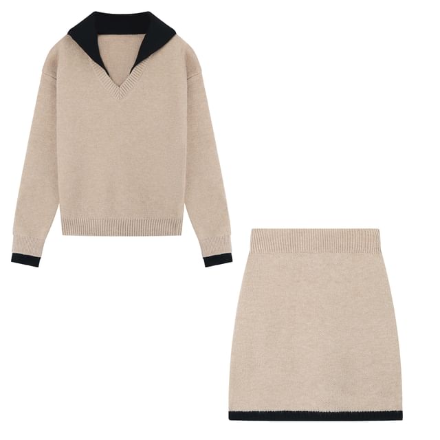 Collared Mock Two Piece Sweater with Knit Mini A-Line Skirt Set