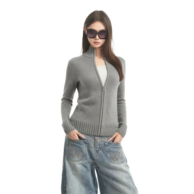 Mock Neck Zip-Up Plain Cardigan