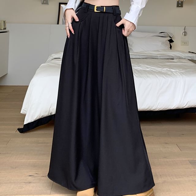 High-Rise Pleated Maxi A-Line Skirt in Solid Color
