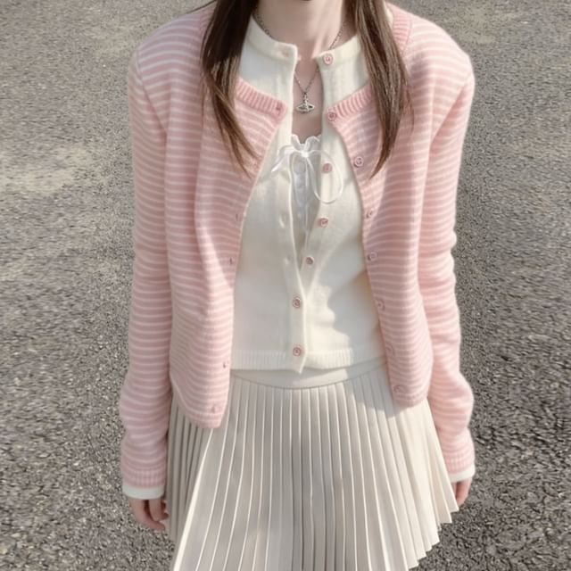 Round Neck Striped Mock Two Piece Cardigan / Ruffle Cami Top