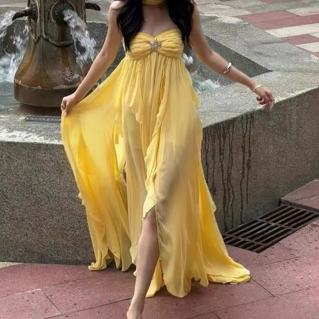 Strapless Plain Ruched Slit Maxi A-Line Dress