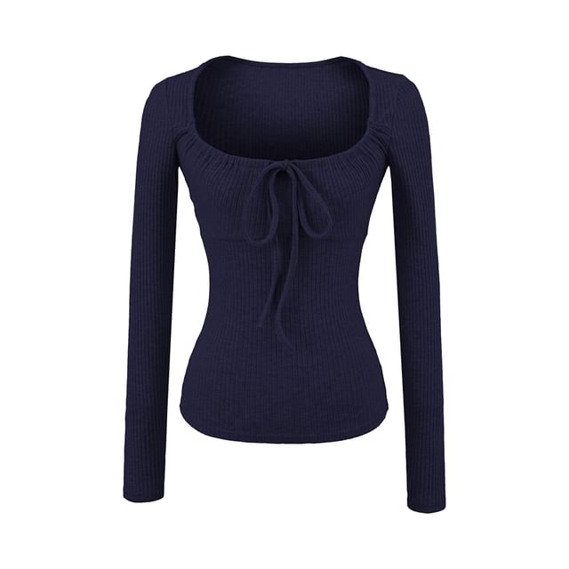 Drawstring Ribbed Scoop Neck Long-Sleeve Top