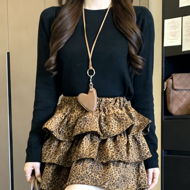 Crew Neck Knit Top with High-Waist Leopard Print Mini Tiered Skirt