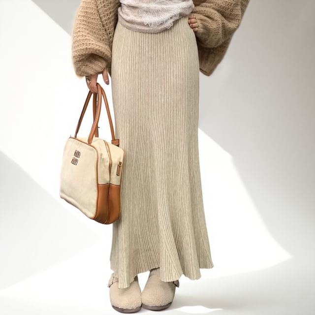 Ribbed Knit Maxi Mermaid Skirt High Waist