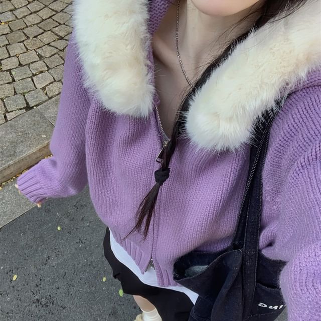 Faux Fur Hooded Zip-Up Crop Cardigan