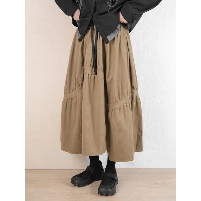 Pinstriped Ruched Maxi A-Line Skirt
