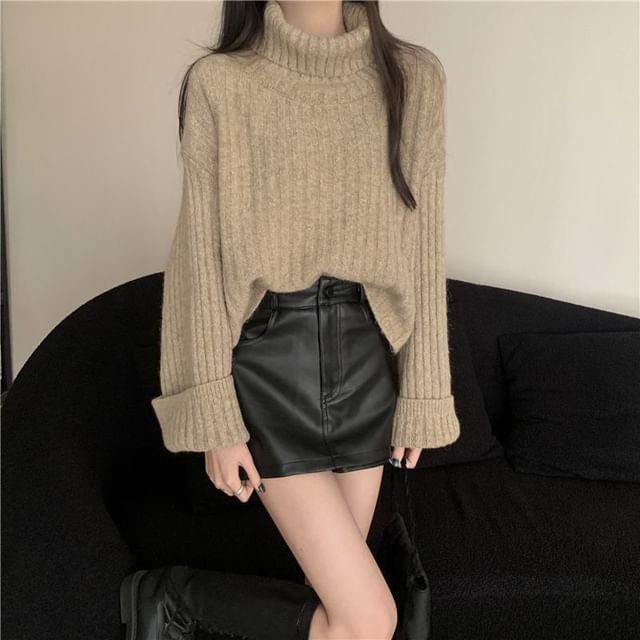 Ribbed Knit Turtleneck Pullover